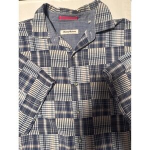 Tommy Bahama Mens Large Shirt Plaid Patchwork Camp Button Down Short Sleeve